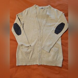 Tan cardigan with elbow patches, M